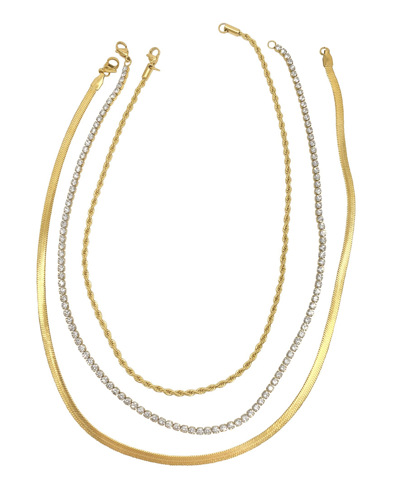 Adornia 14k Yellow Gold Plated Herringbone, Rope, & Tennis Chain Necklace Set