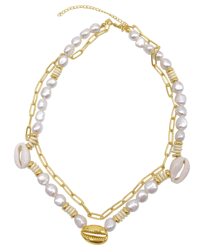 Adornia 14k Yellow Gold Plated Cowrie Shell & Imitation Pearl Layered Paperclip Chain Necklace In White