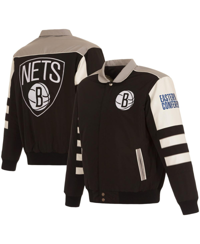 JH DESIGN MEN'S JH DESIGN BLACK BROOKLYN NETS STRIPE COLORBLOCK NYLON REVERSIBLE FULL-SNAP JACKET