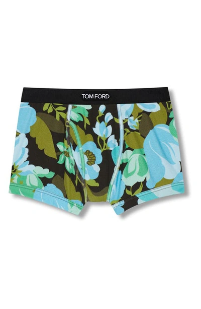 Tom Ford Cotton Blend Floral Print Boxer Briefs In Jewel Blue