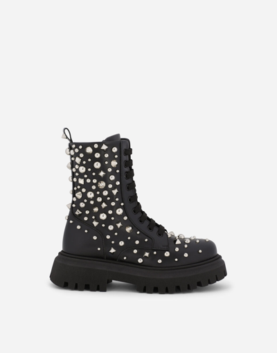 Dolce & Gabbana Kids' Studded Leather Combat Boots In Black