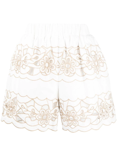 Red Valentino Floral Embroidered High-waisted Shorts In Weiss
