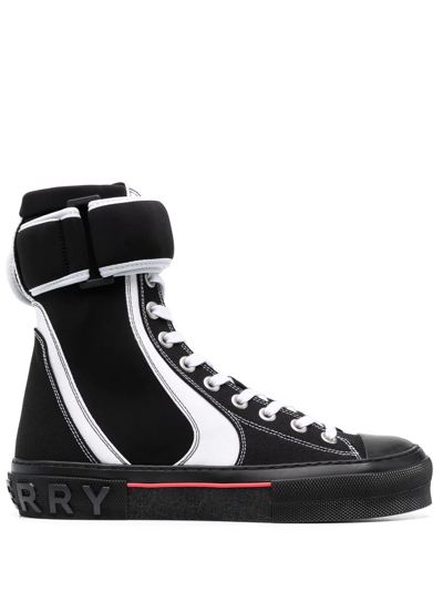 Burberry Sub Contrast-stitch Woven High-top Trainers In Black