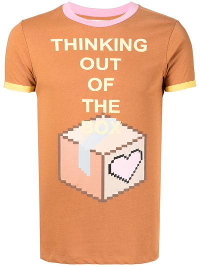 Natasha Zinko Pixel Think Outside The Box Cotton T-shirt In Brown Pink Yellow