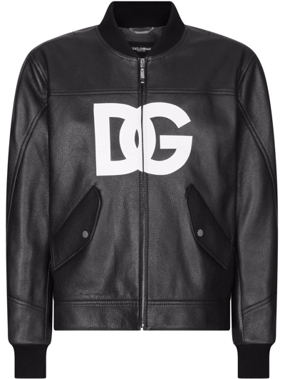 Dolce & Gabbana Dg Leather Bomber Jacket In Black