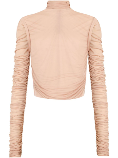 Dolce & Gabbana Ruched Mock-neck Jersey Long-sleeve Top In Beige