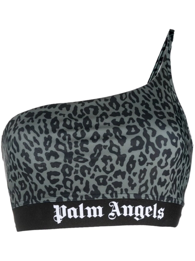 Palm Angels One-shoulder Leopard-print Logo Bra In Black