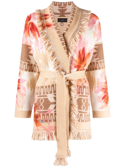 Alanui Desert Island Icon Belted Cardigan In Beige,white,red