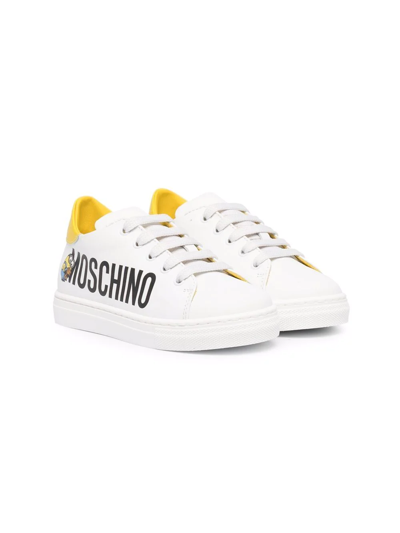 Moschino White Sneakers For Kids With Minions And Black Logo In Bianco