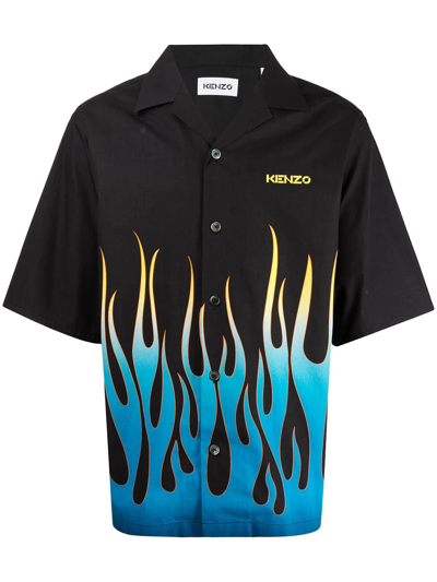 Kenzo Flame-print Branded Short-sleeve Shirt In Black