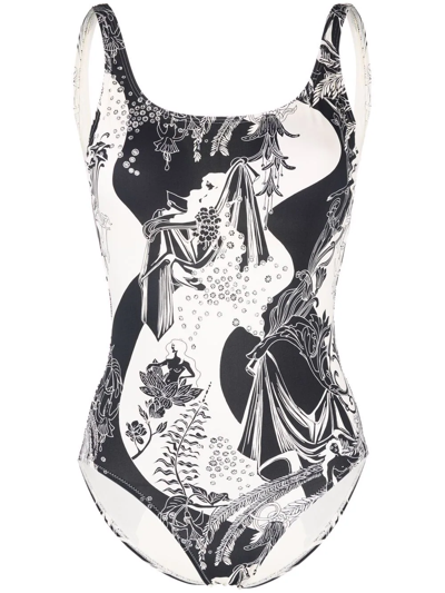 Tory Burch Abstract-print Low-back One-piece In Weiss