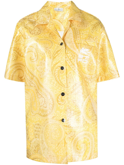Etro Logo-print Paisley Short-sleeve Shirt Jacket In Yellow