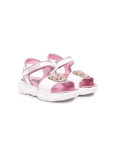 Moschino Kids' Logo Leather Sandals W/ Teddy Patch In White,pink