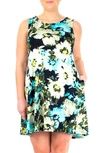 Nina Leonard Scoop Neck Sleeveless Dress In Navy Multi Shadow Floral