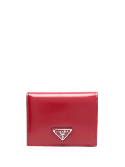 Prada Logo Plaque Leather Wallet In Red