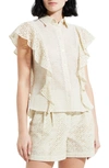 Theory Nova Flutter Sleeve Eyelet Cotton Blouse In Ecru