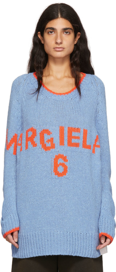 Mm6 Maison Margiela Cotton Sweater With Frontal Embroidery In Blue