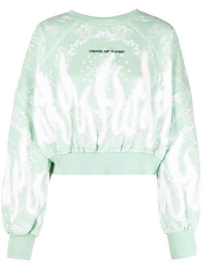 Vision Of Super Woman Light Green Short Sweatshirt With Bandana Print