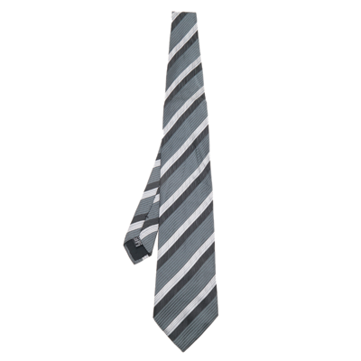 Pre-owned Boss By Hugo Boss Grey Striped Silk Jacquard Tie