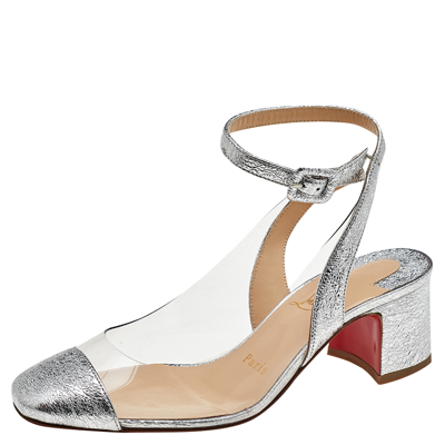 Pre-owned Christian Louboutin Silver Crinkled Leather And Pvc Asticocotte Ankle Strap Sandals Size 35
