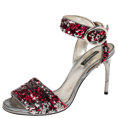 Pre-owned Dolce & Gabbana Pink/silver Leather And Sequins Ankle Strap Sandals Size 38.5