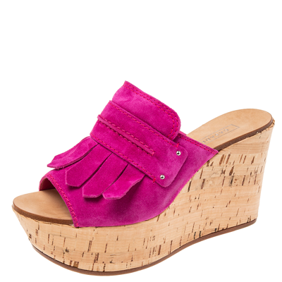 Pre-owned Casadei Pink Suede Tassel Open Toe Cork Platform Wedge Sandals Size 38