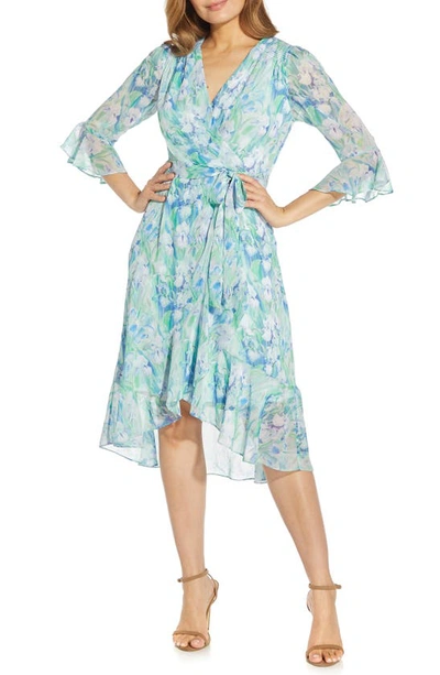 Adrianna Papell Floral-print Wrap-style Cocktail Dress In Blue