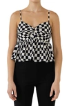 Grey Lab Knotted Checker Print Top In Black