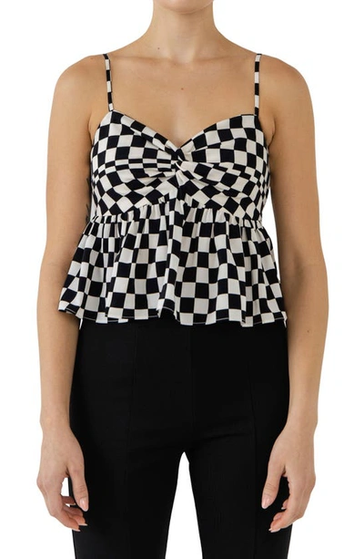 Grey Lab Knotted Checker Print Top In Black/ White