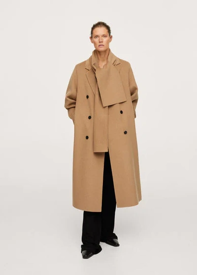 Mango Scarf Wool Coat Medium Brown In Medium Brown