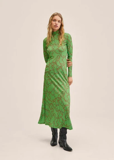 Mango Chain Print Long Sleeve Dress In Green