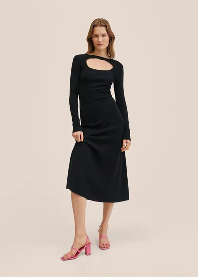 Mango Cutout Long Sleeve Knit Midi Dress In Black