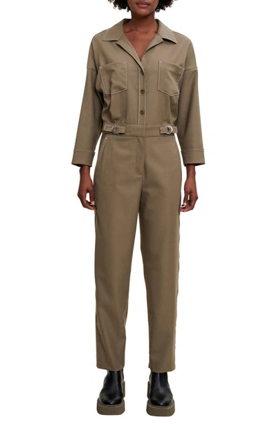 Maje Contrast-stitch Patch-pocket Jumpsuit In Khaki