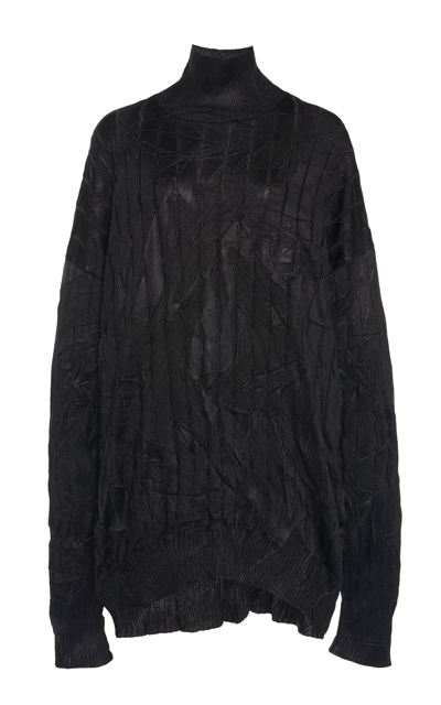 Balenciaga Women's Oversized Creased Ribbed-knit Silk-blend Turtleneck Sweater In Black