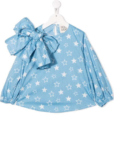 Douuod Kids' Bow-detail Star-print Blouse In Cielo
