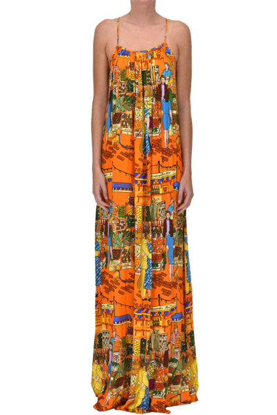 Alessandro Enriquez Printed Long Slip Dress In Orange