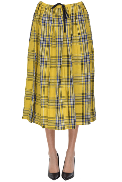 Apuntob Checked Print Linen Midi Skirt In Yellow