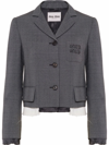 Miu Miu Logo-embroidered Prince Of Wales Check Crop Blazer In Grey