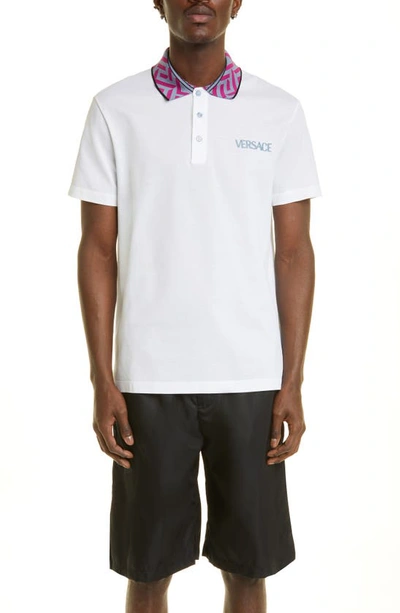 Versace Tailored Fit Greca Collar Polo In Optical White