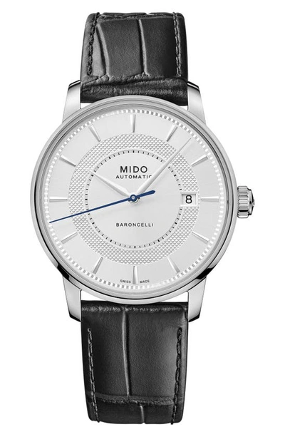 Mido Men's Swiss Automatic Baroncelli Signature Black Leather Strap 39mm In Silver/black