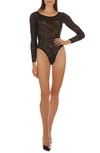 Memoi Madeleine Palm Frond Long Sleeve Mesh Bodysuit In Black