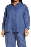 Eileen Fisher Classic Collar Organic Linen Boxy Shirt In Blue Berry