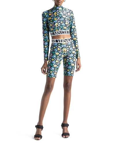 Versace Jeans Couture Multicolor Floral Cropped Turtleneck In E230 Hydrangea Blu