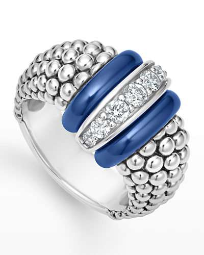 Lagos Sterling Silver Blue Caviar Ultramarine Ceramic Diamond Large 1-link Ring