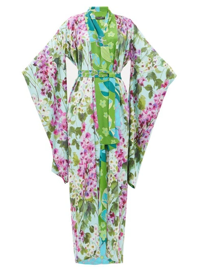 Dolce & Gabbana Belted Floral-print Stretch-silk Charmeuse Kaftan In Green Multi