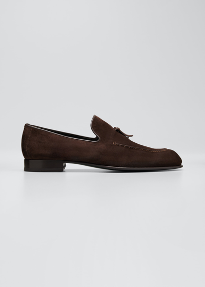 Brioni Men's Almond Flex Leather-suede Loafers In Brown