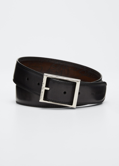 Berluti Men's Reversible Scritto Leather Belt In Black