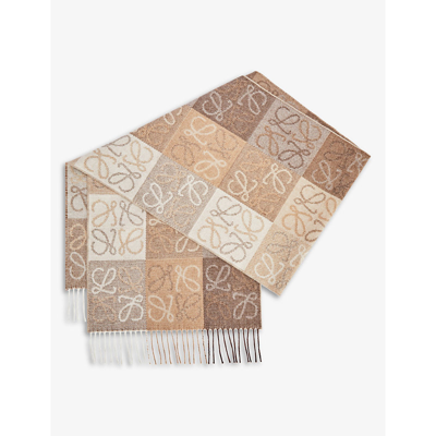 Loewe Fringed Intarsia Wool And Cashmere-blend Scarf In White/beige