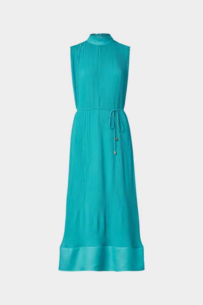 Milly Melina Pleated Mock-neck Dress In Teal