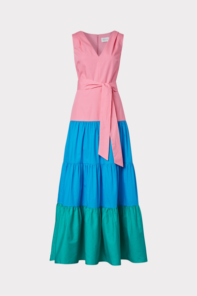 Milly Nicola Tiered Colorblock Maxi Dress In Peony/blue Multi